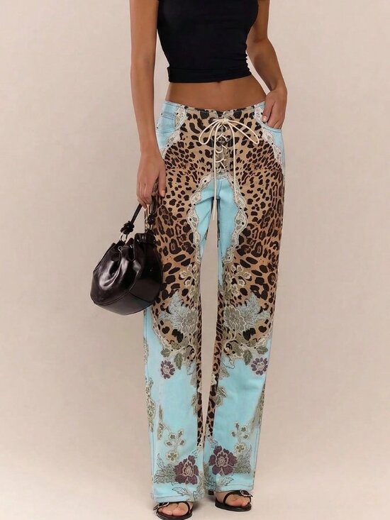 Denim - Blue Casual Women's Leopard Print Lace Up Straight Leg Printed Jeans